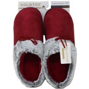 Wholesale - S-XL WOMEN BURGUNDY MICROSUEDE SLIPPER W/FAUX FUR COLLAR GOLD TOE C/P 12, UPC: 194587659215